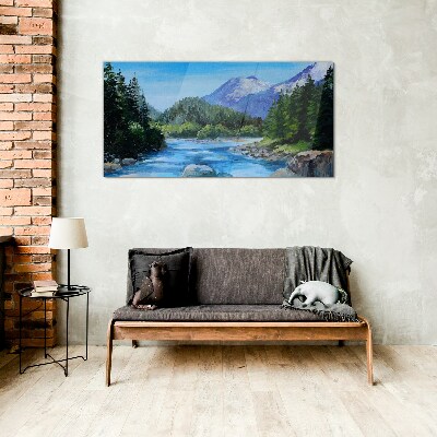 Glasbild Berglandschaft mit Fluss