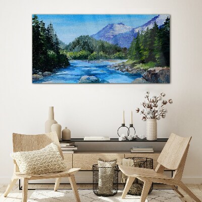 Glasbild Berglandschaft mit Fluss