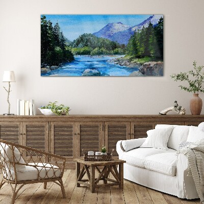 Glasbild Berglandschaft mit Fluss