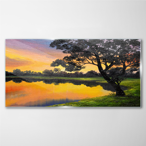 Glasbild Sonnenuntergang über dem See