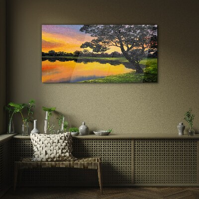 Glasbild Sonnenuntergang über dem See