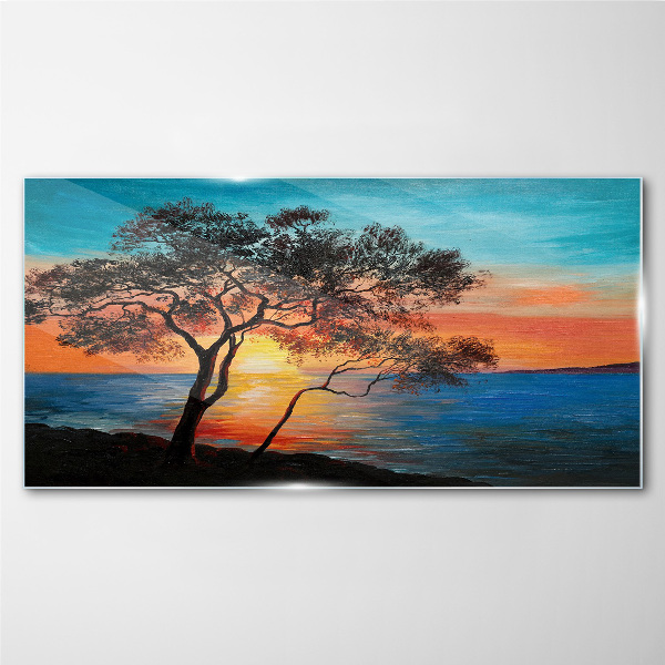 Glasbild Baum Meer Sonnenuntergang