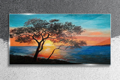 Glasbild Baum Meer Sonnenuntergang