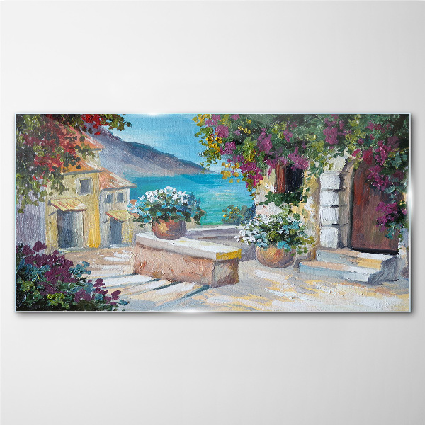 Bild auf glas Eine Küstenstadt voller Blumen