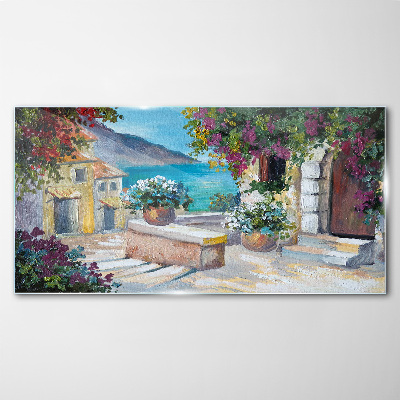 Bild auf glas Eine Küstenstadt voller Blumen