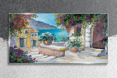 Bild auf glas Eine Küstenstadt voller Blumen