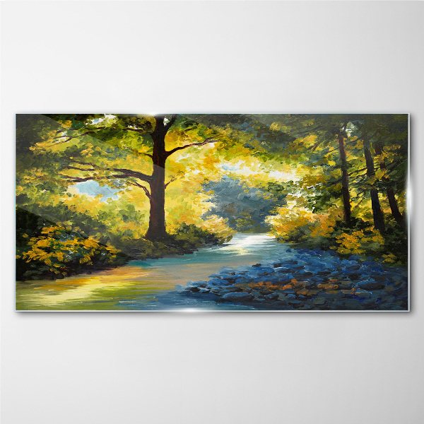 Glasbild Goldenes Licht in der Waldlandschaft
