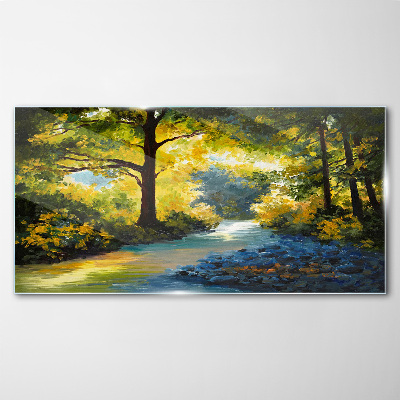 Glasbild Goldenes Licht in der Waldlandschaft