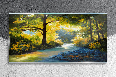 Glasbild Goldenes Licht in der Waldlandschaft