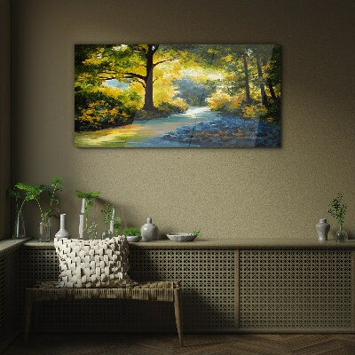 Glasbild Goldenes Licht in der Waldlandschaft