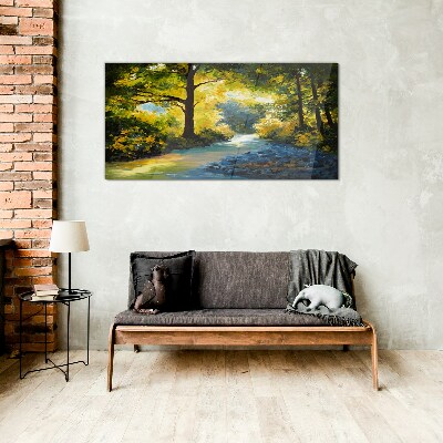 Glasbild Goldenes Licht in der Waldlandschaft