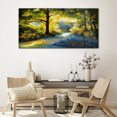Glasbild Goldenes Licht in der Waldlandschaft