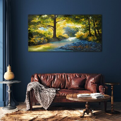 Glasbild Goldenes Licht in der Waldlandschaft