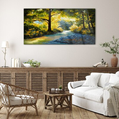 Glasbild Goldenes Licht in der Waldlandschaft