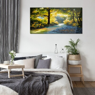 Glasbild Goldenes Licht in der Waldlandschaft