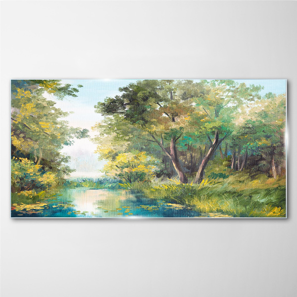 Glasbild Eine friedliche Waldlandschaft am Wasser