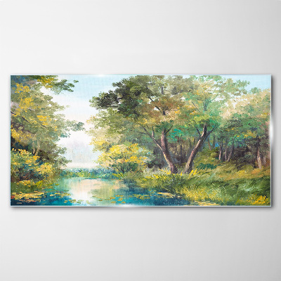 Glasbild Eine friedliche Waldlandschaft am Wasser