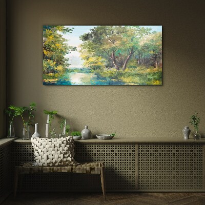 Glasbild Eine friedliche Waldlandschaft am Wasser