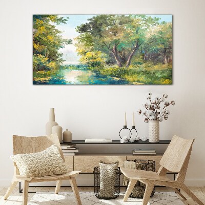 Glasbild Eine friedliche Waldlandschaft am Wasser