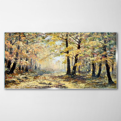 Glasbild Goldener Wald in herbstlicher Aura