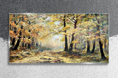 Glasbild Goldener Wald in herbstlicher Aura
