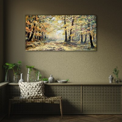 Glasbild Goldener Wald in herbstlicher Aura