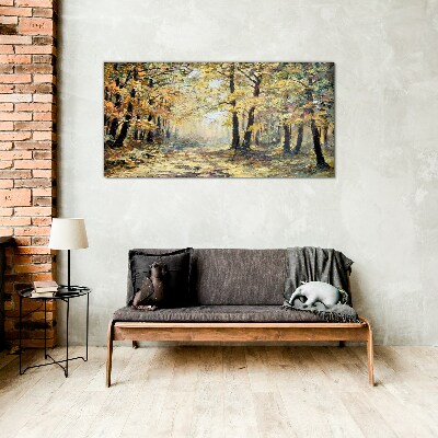 Glasbild Goldener Wald in herbstlicher Aura