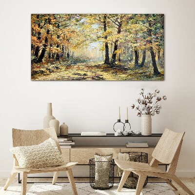 Glasbild Goldener Wald in herbstlicher Aura