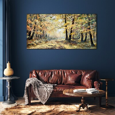 Glasbild Goldener Wald in herbstlicher Aura