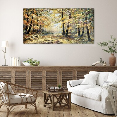 Glasbild Goldener Wald in herbstlicher Aura