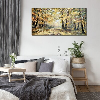 Glasbild Goldener Wald in herbstlicher Aura