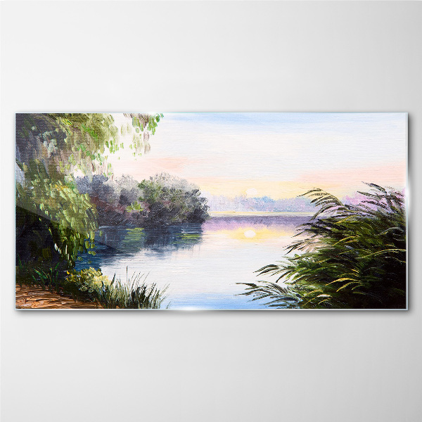 Glasbild Eine friedliche Landschaft am Fluss