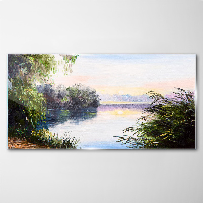 Glasbild Eine friedliche Landschaft am Fluss