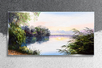 Glasbild Eine friedliche Landschaft am Fluss