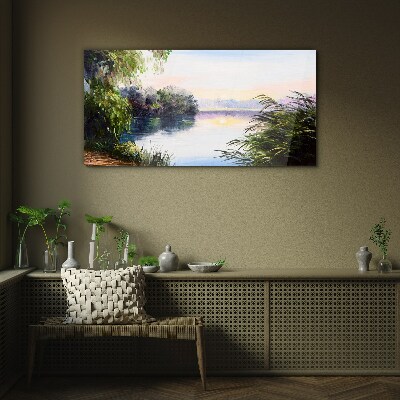 Glasbild Eine friedliche Landschaft am Fluss