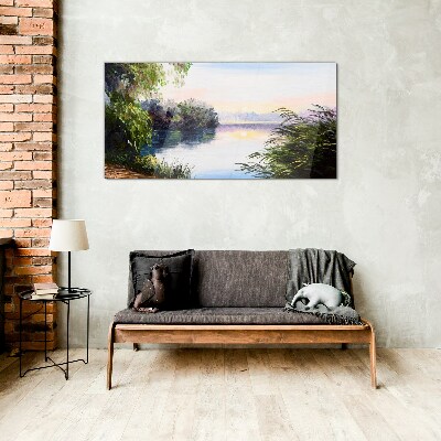 Glasbild Eine friedliche Landschaft am Fluss