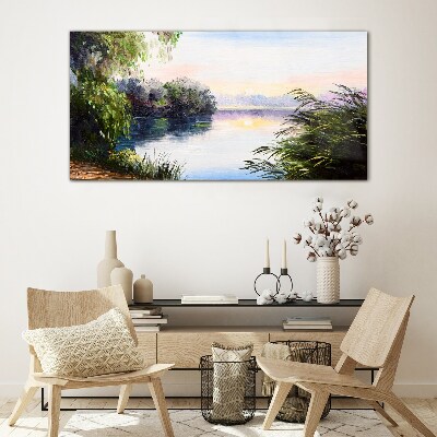 Glasbild Eine friedliche Landschaft am Fluss