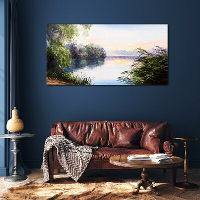 Glasbild Eine friedliche Landschaft am Fluss