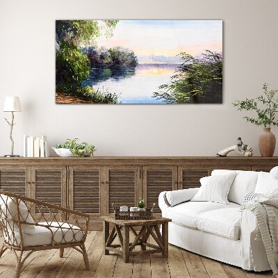 Glasbild Eine friedliche Landschaft am Fluss