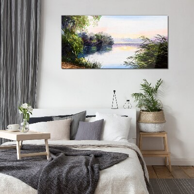 Glasbild Eine friedliche Landschaft am Fluss