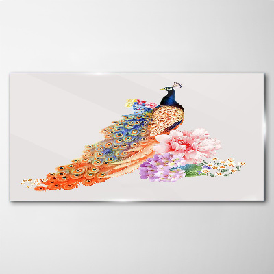 Glasbild Pfauen zwischen Blumen
