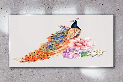 Glasbild Pfauen zwischen Blumen
