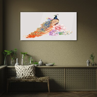 Glasbild Pfauen zwischen Blumen