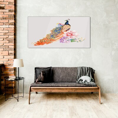 Glasbild Pfauen zwischen Blumen
