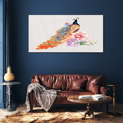 Glasbild Pfauen zwischen Blumen