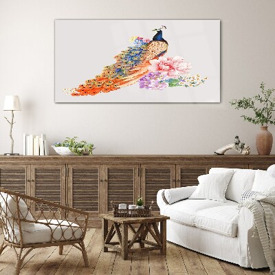 Glasbild Pfauen zwischen Blumen