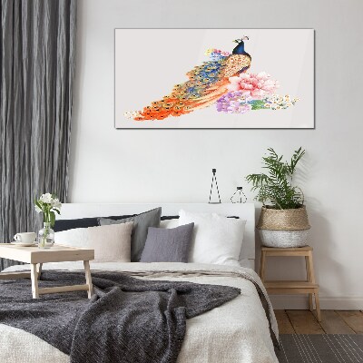 Glasbild Pfauen zwischen Blumen