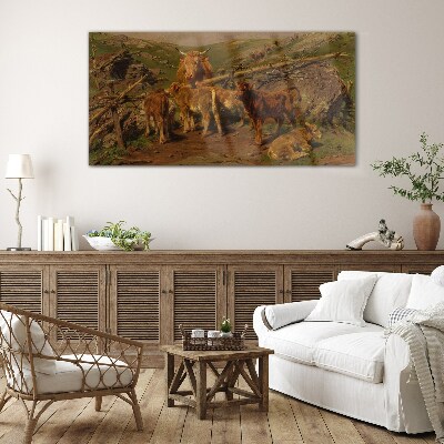 Glasbild Idyllische Landschaft mit Vieh