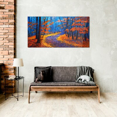 Glasbild Herbstallee in den Farben des Sonnenuntergangs
