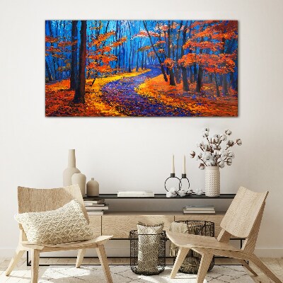 Glasbild Herbstallee in den Farben des Sonnenuntergangs